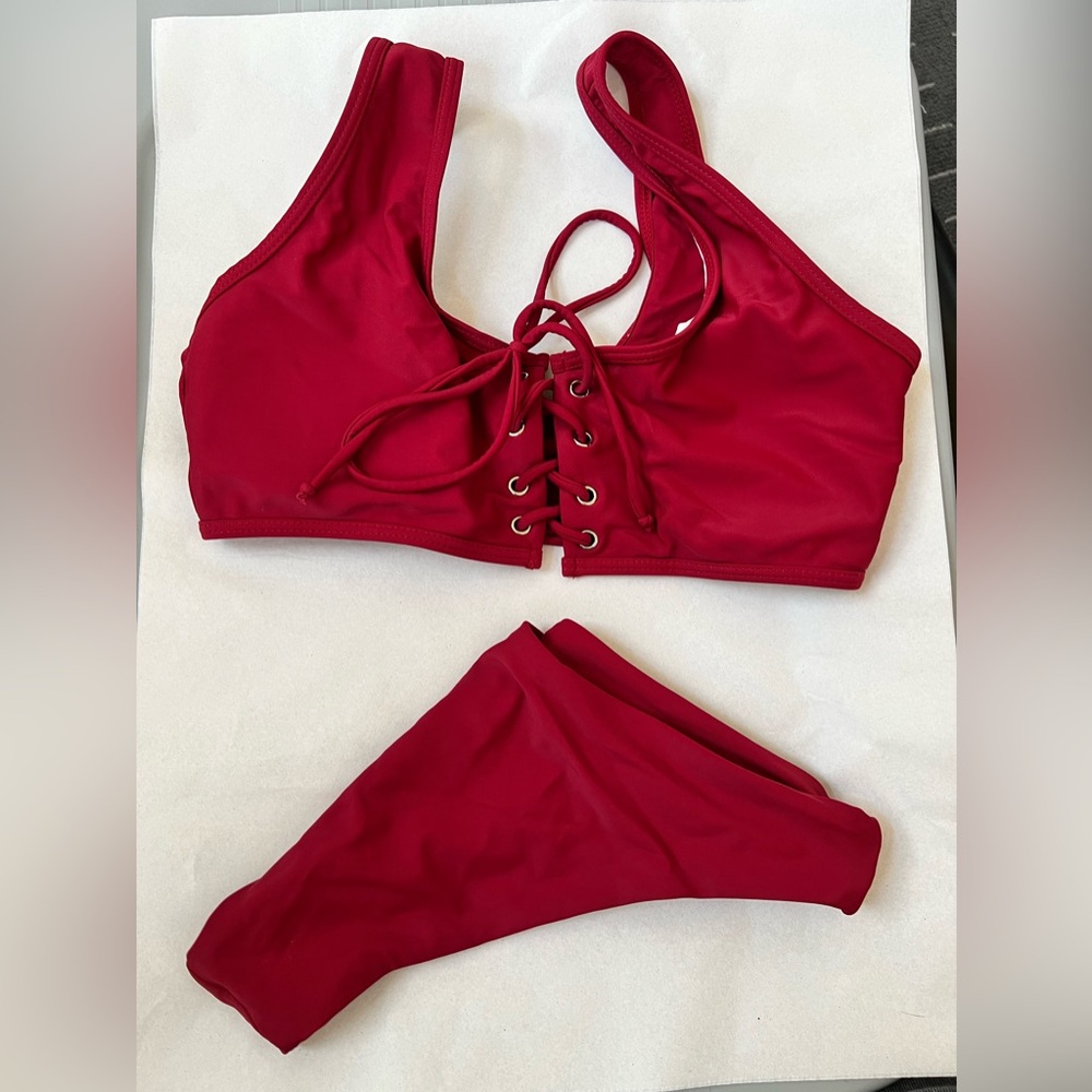 L BIKINI 2pc set lace up front tie top SWIMSUIT pirate sexy cranberry red